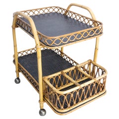 Midcentury Rattan and Skai Trolley Bar Cart, circa 1950