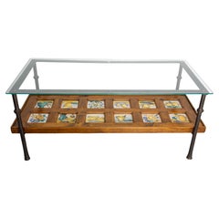 Spanish Wrought Iron Glass & Pine Coffee Table with 19thC faience circa 1960