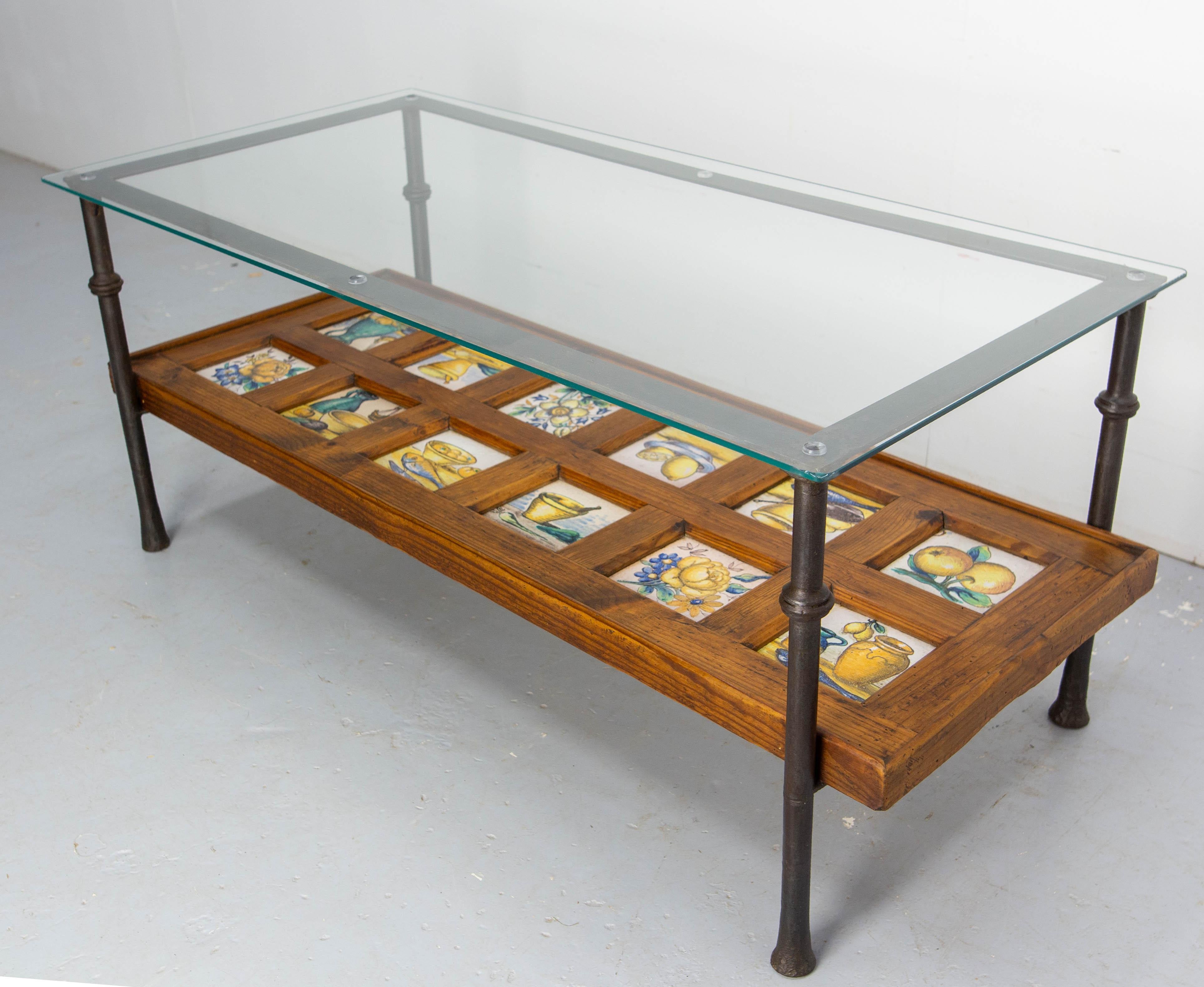 Spanish Wrought Iron Glass & Pine Coffee Table with 19thC faience circa 1960 For Sale 1