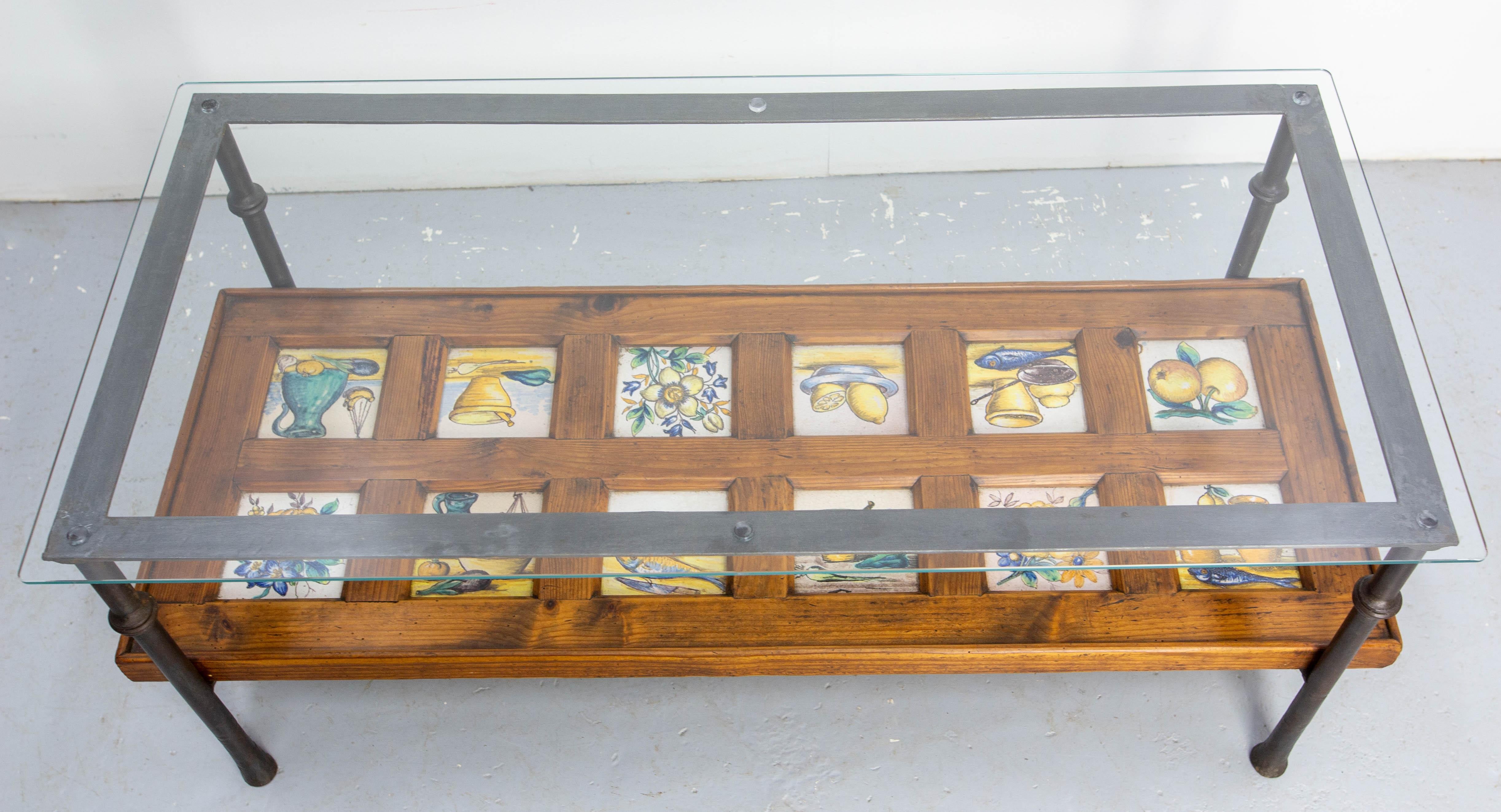 Mid-Century Modern Spanish Wrought Iron Glass & Pine Coffee Table with 19thC faience circa 1960 For Sale