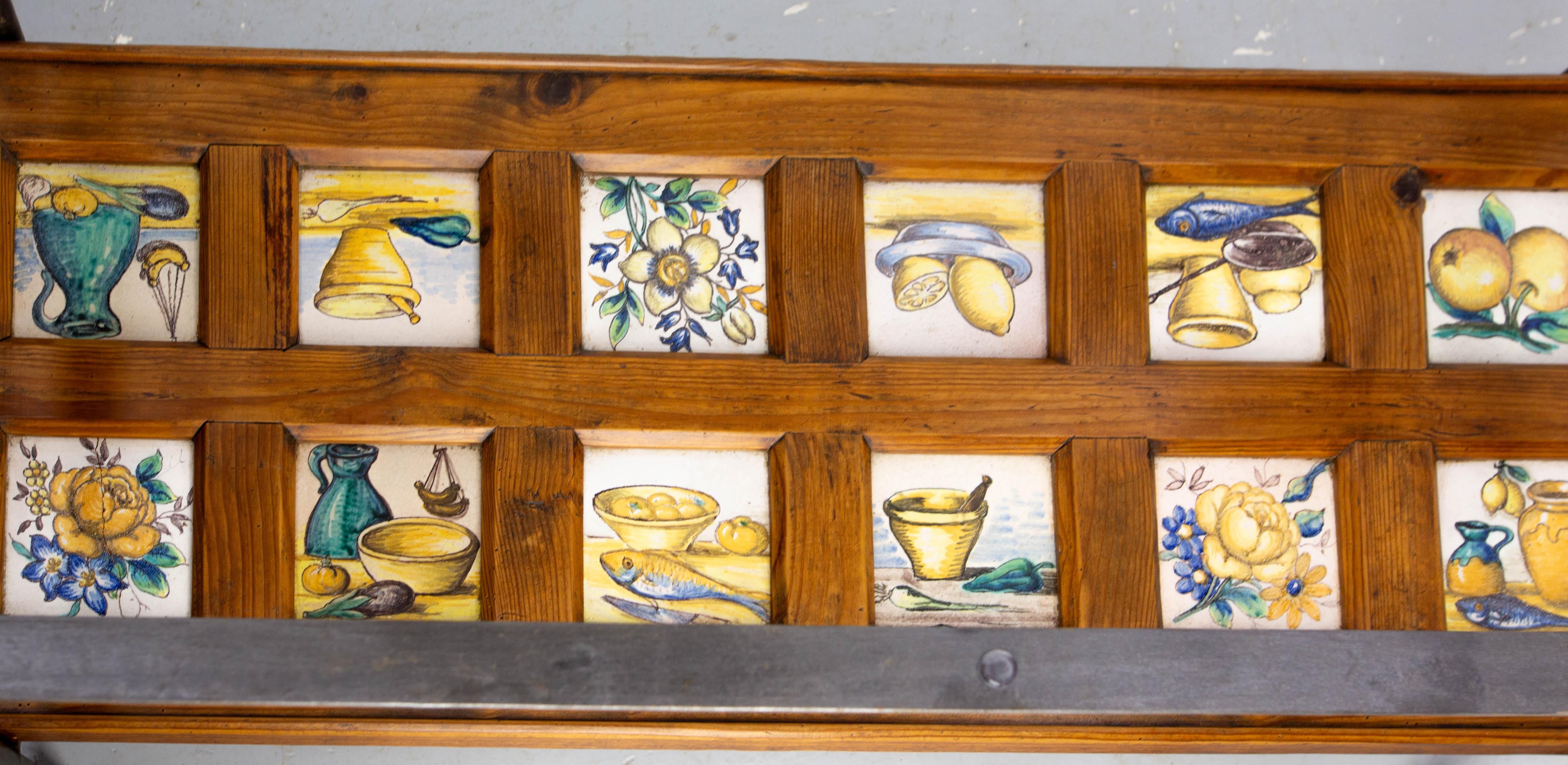 Spanish Wrought Iron Glass & Pine Coffee Table with 19thC faience circa 1960 For Sale 4