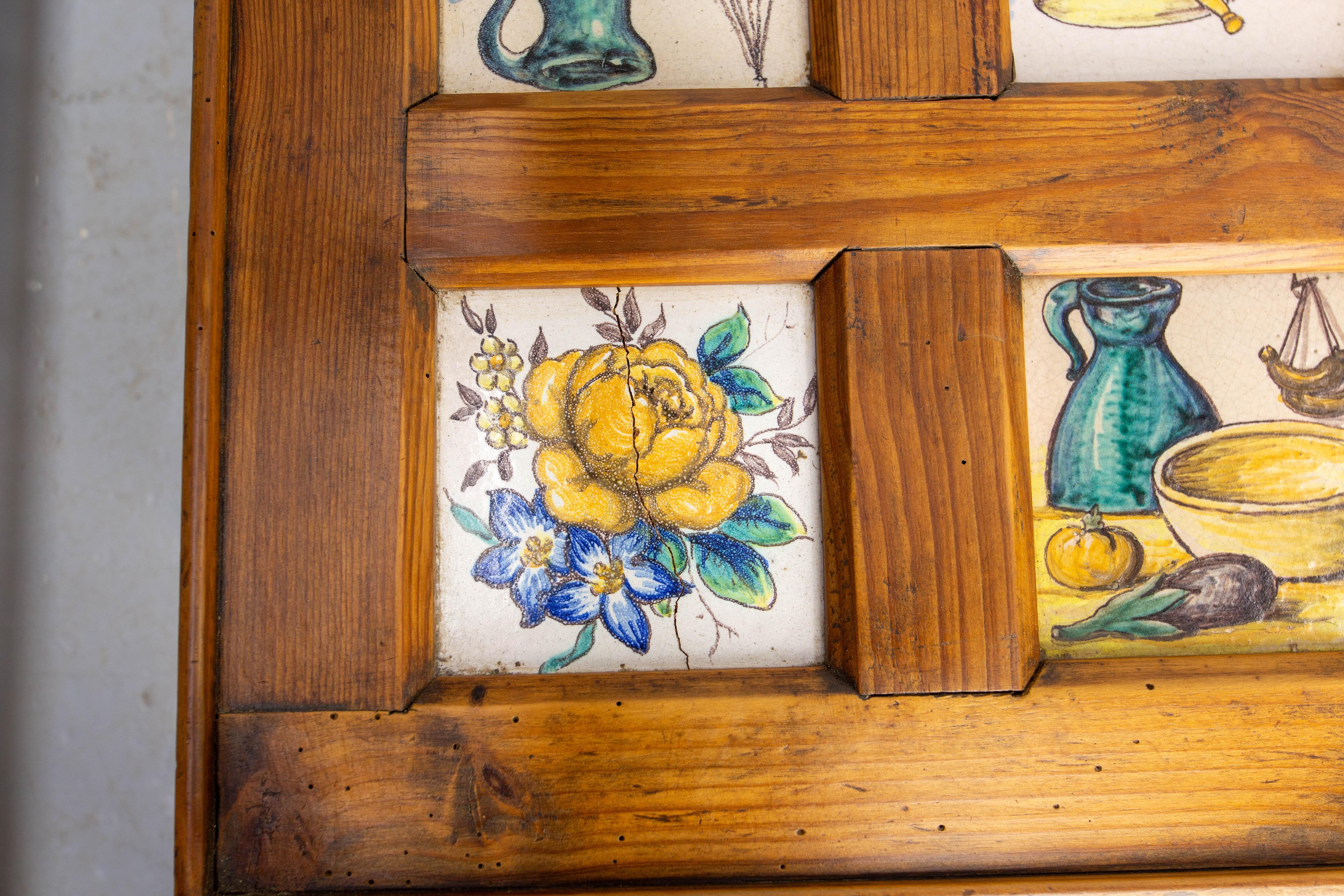 Spanish Wrought Iron Glass & Pine Coffee Table with 19thC faience circa 1960 For Sale 6