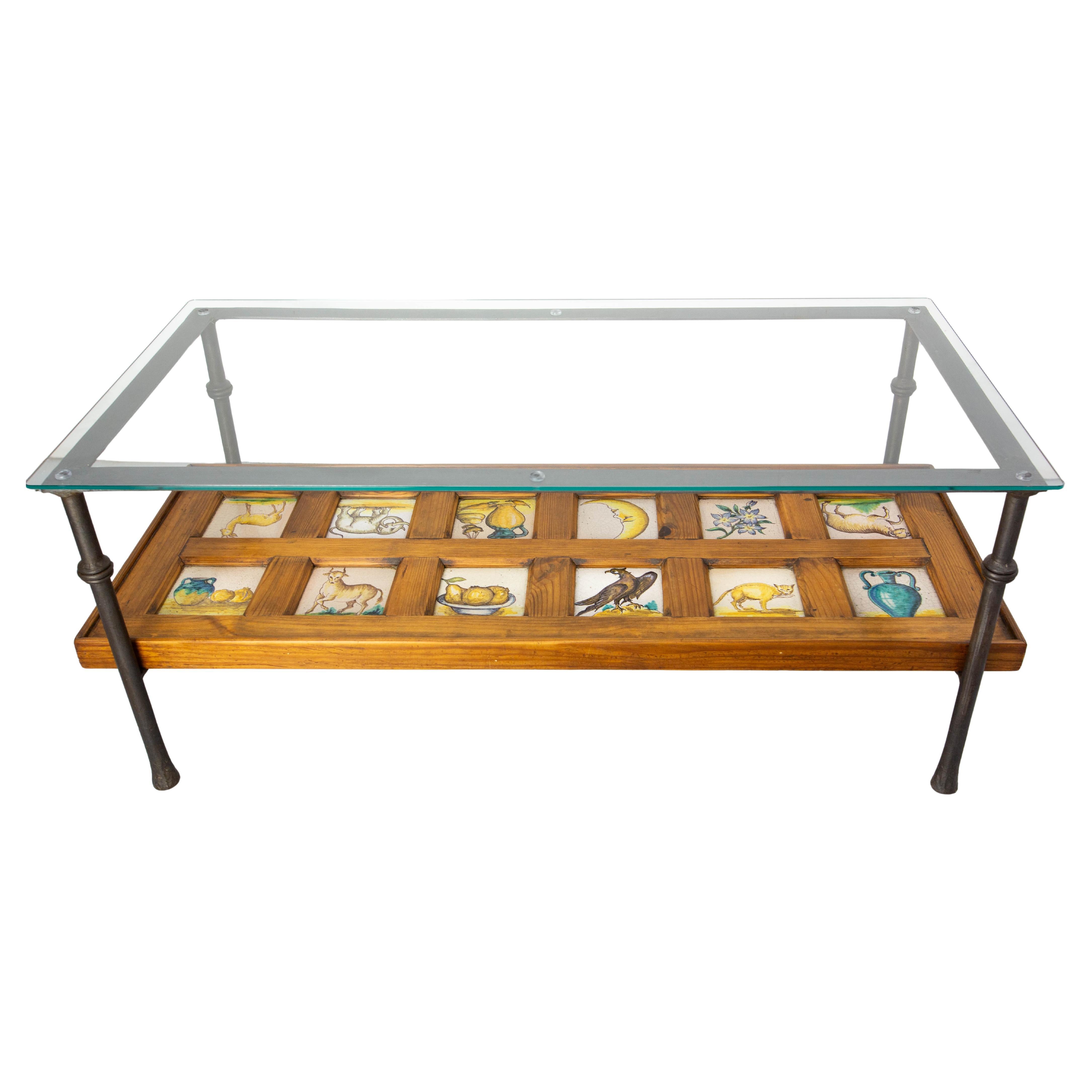 Spanish Wrought Iron Glass & Pine Coffee Table with 19thC faience circa 1960