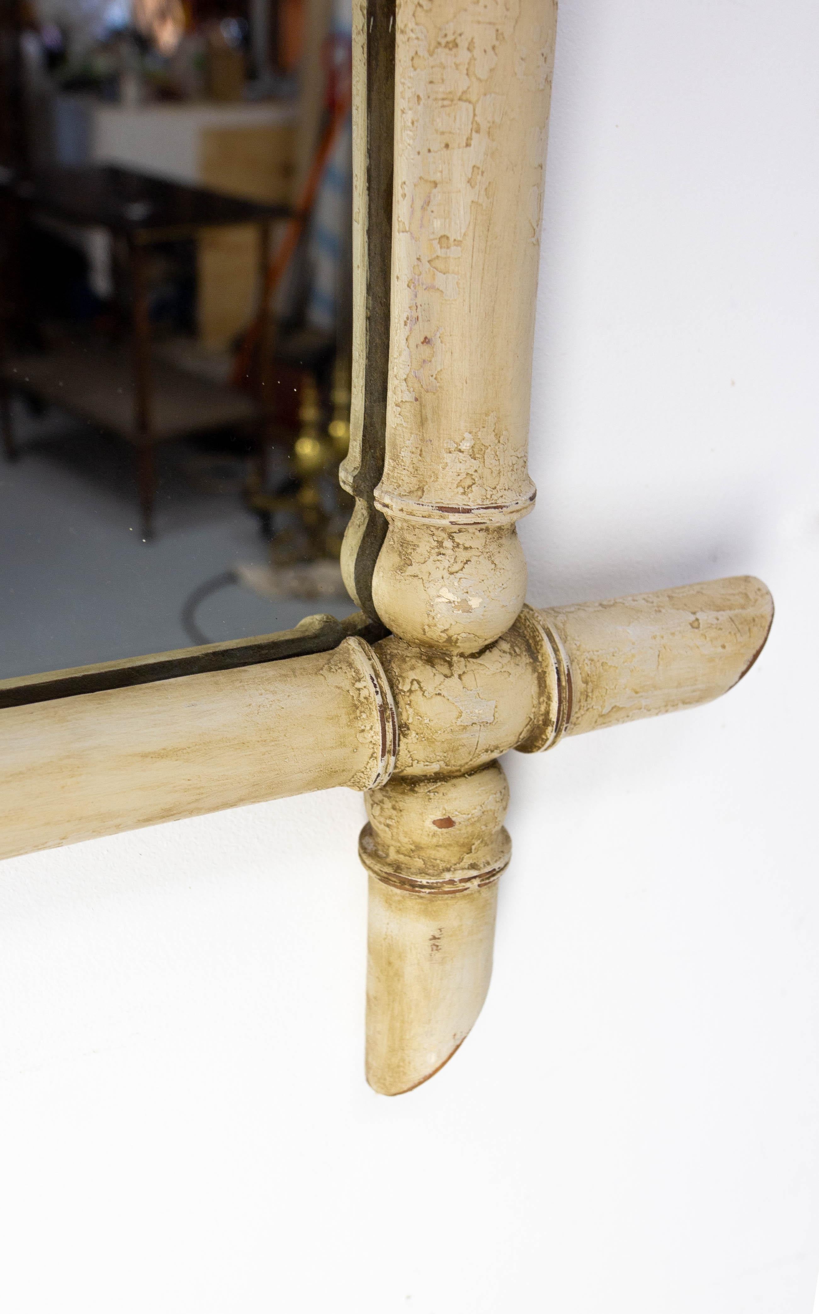 French Faux Bamboo Mirror Patinated & Painted Parakeets on Mirror, circa 1910 For Sale 2