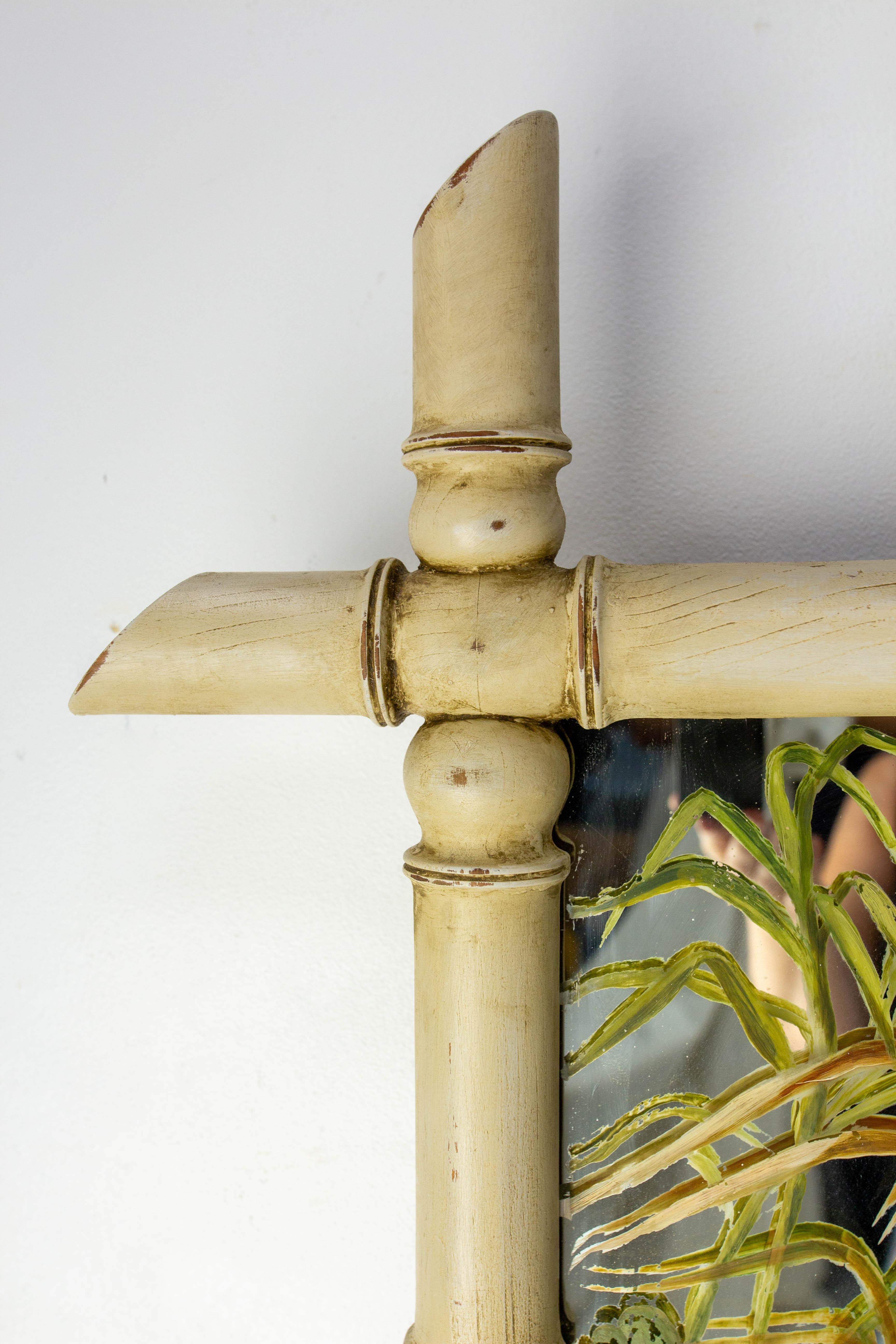 French Faux Bamboo Mirror Patinated & Painted Parakeets on Mirror, circa 1910 For Sale 3
