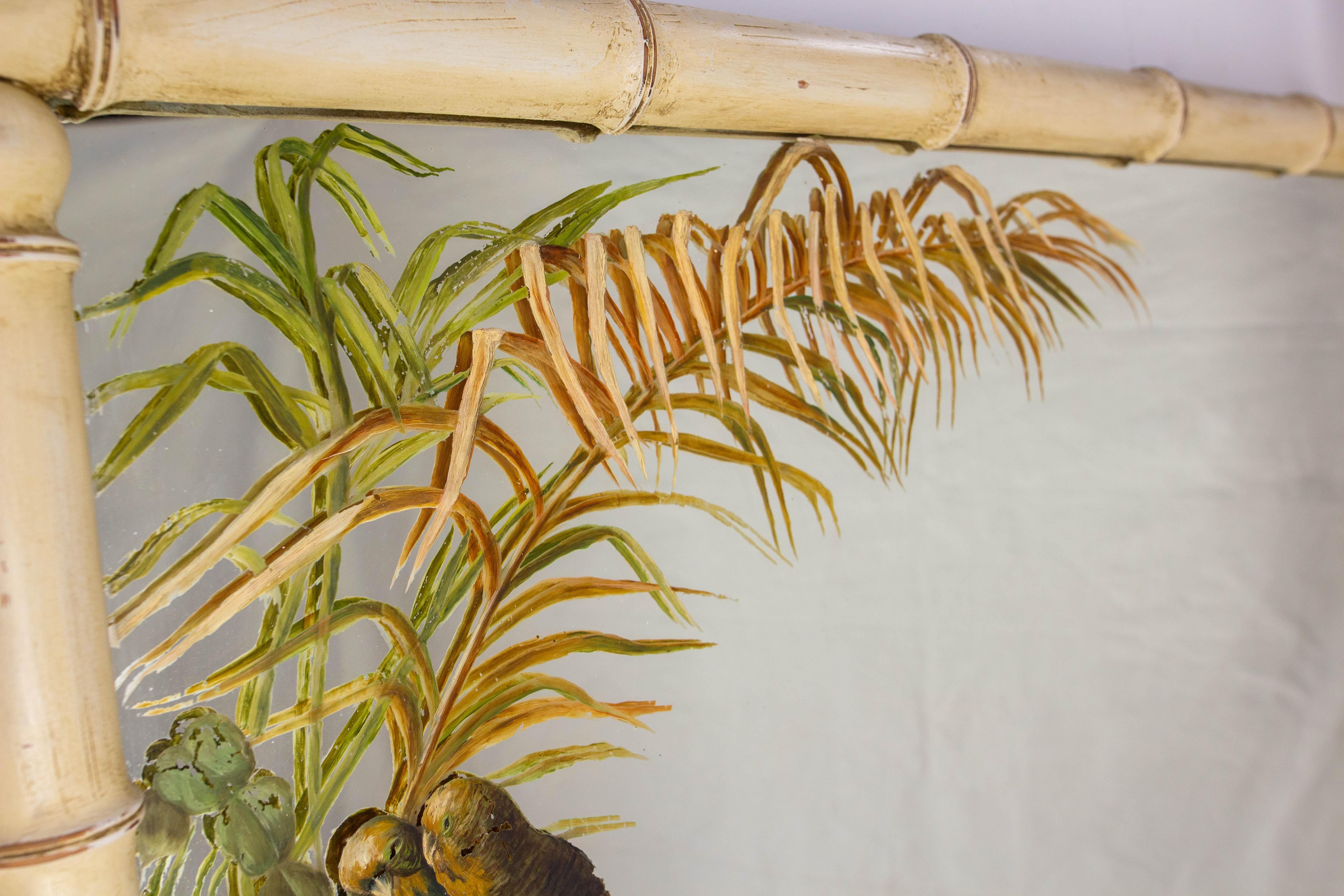 French Faux Bamboo Mirror Patinated & Painted Parakeets on Mirror, circa 1910 In Good Condition For Sale In Labrit, Landes
