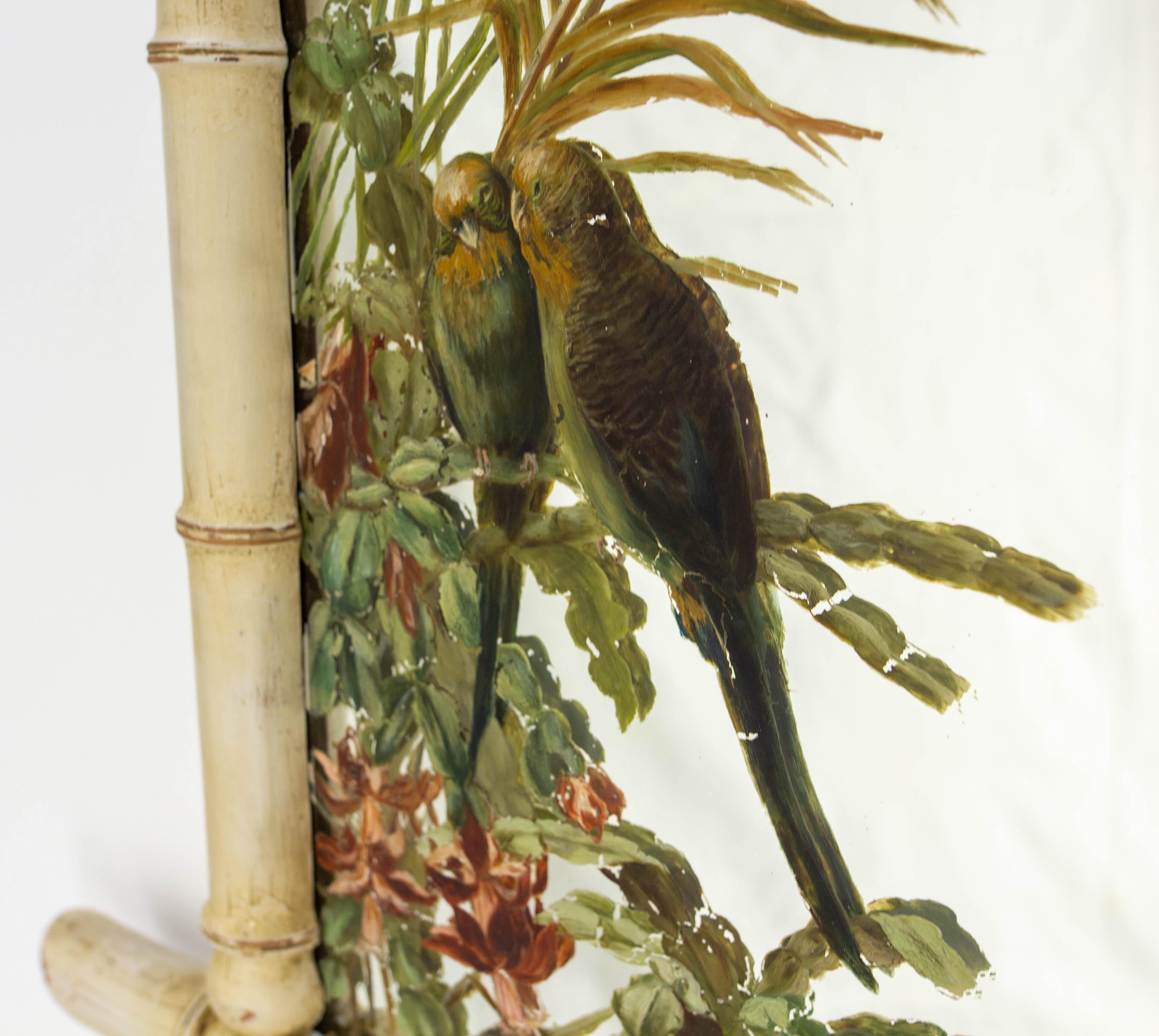 Art Nouveau French Faux Bamboo Mirror Patinated & Painted Parakeets on Mirror, circa 1910 For Sale