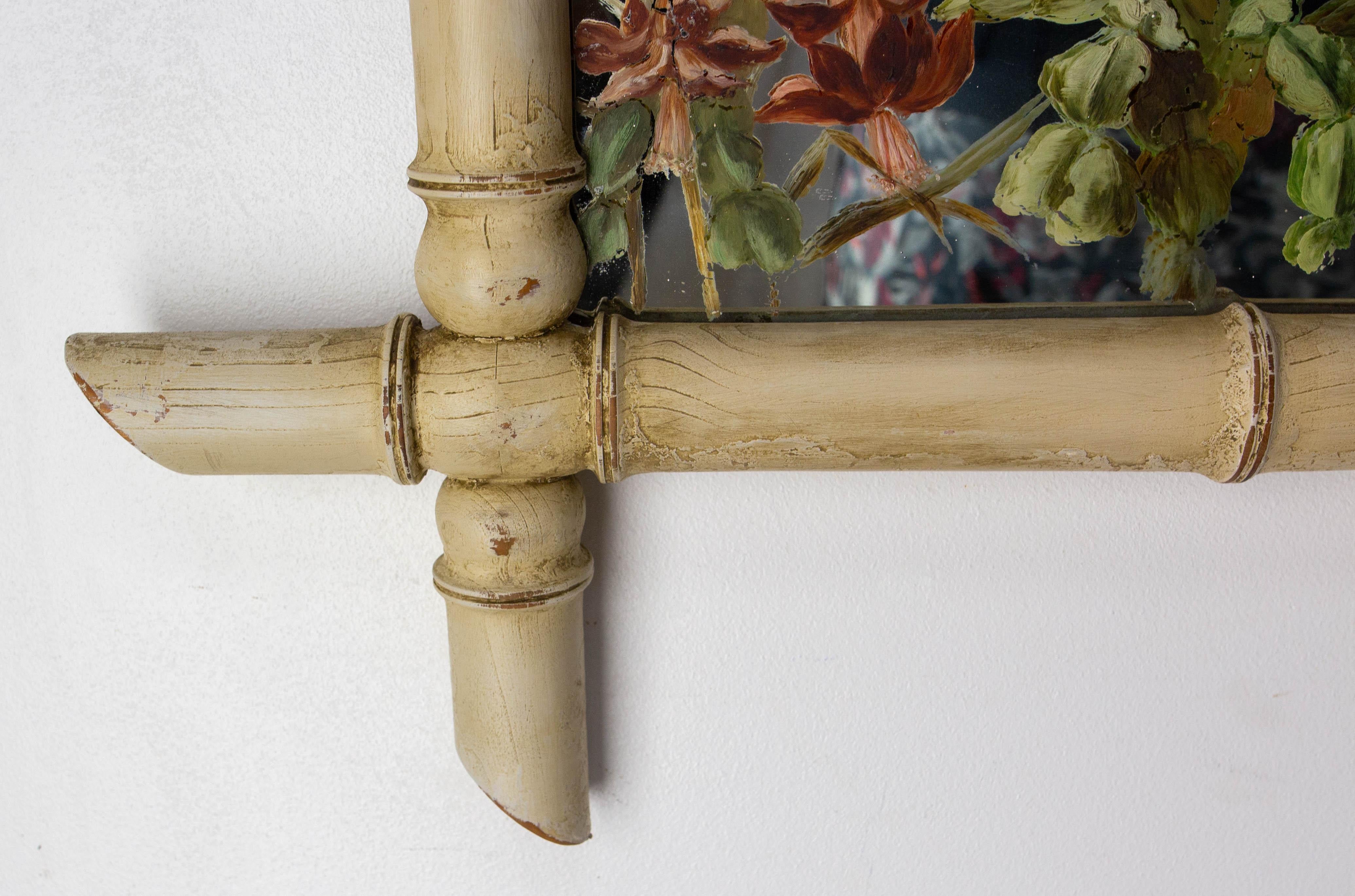 French Faux Bamboo Mirror Patinated & Painted Parakeets on Mirror, circa 1910 For Sale 4