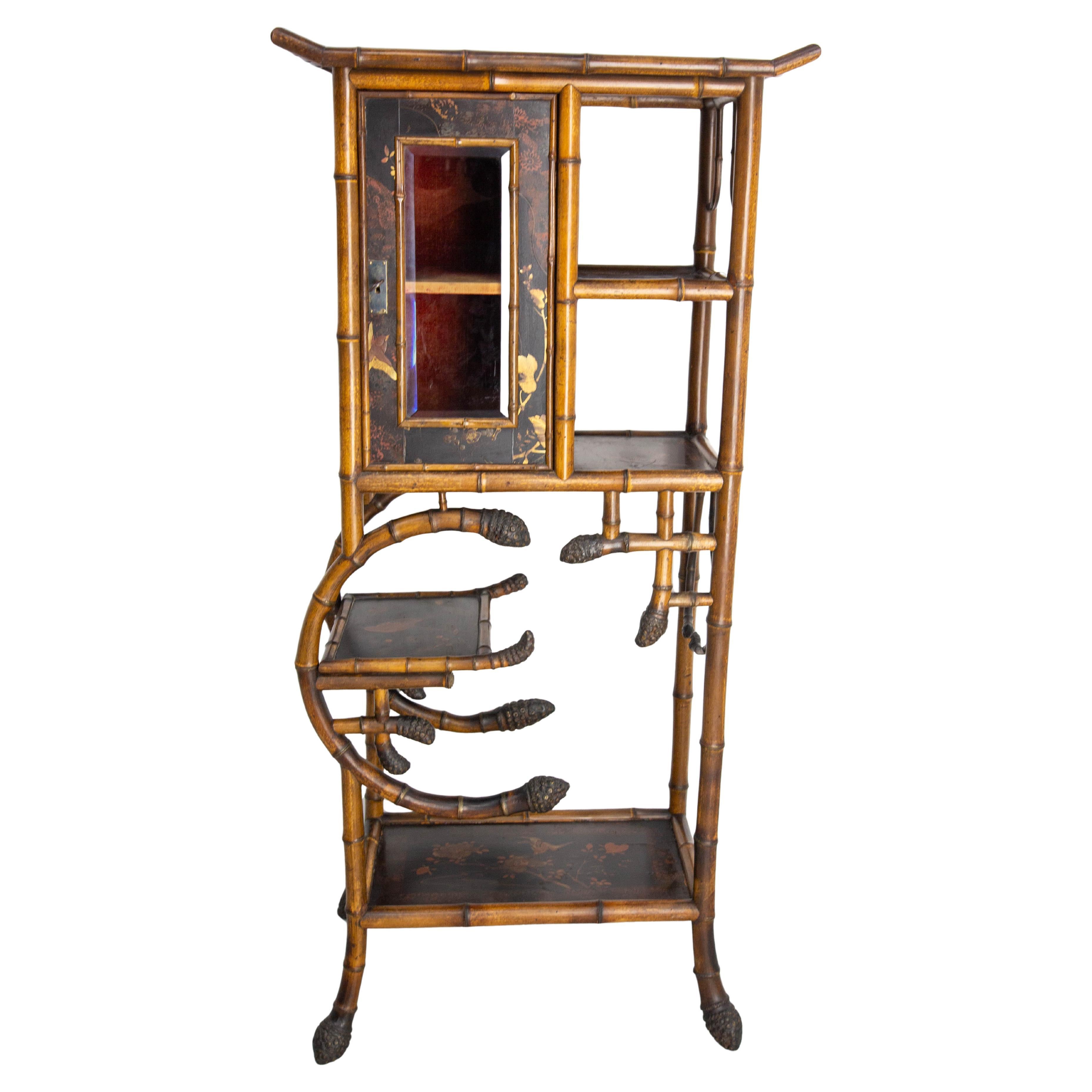 Chinoiserie Lacquered Cabinet & Side Table Faux Bamboo Turned Wood late 19th C For Sale
