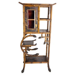 Chinoiserie Lacquered Cabinet & Side Table Faux Bamboo Turned Wood late 19th C