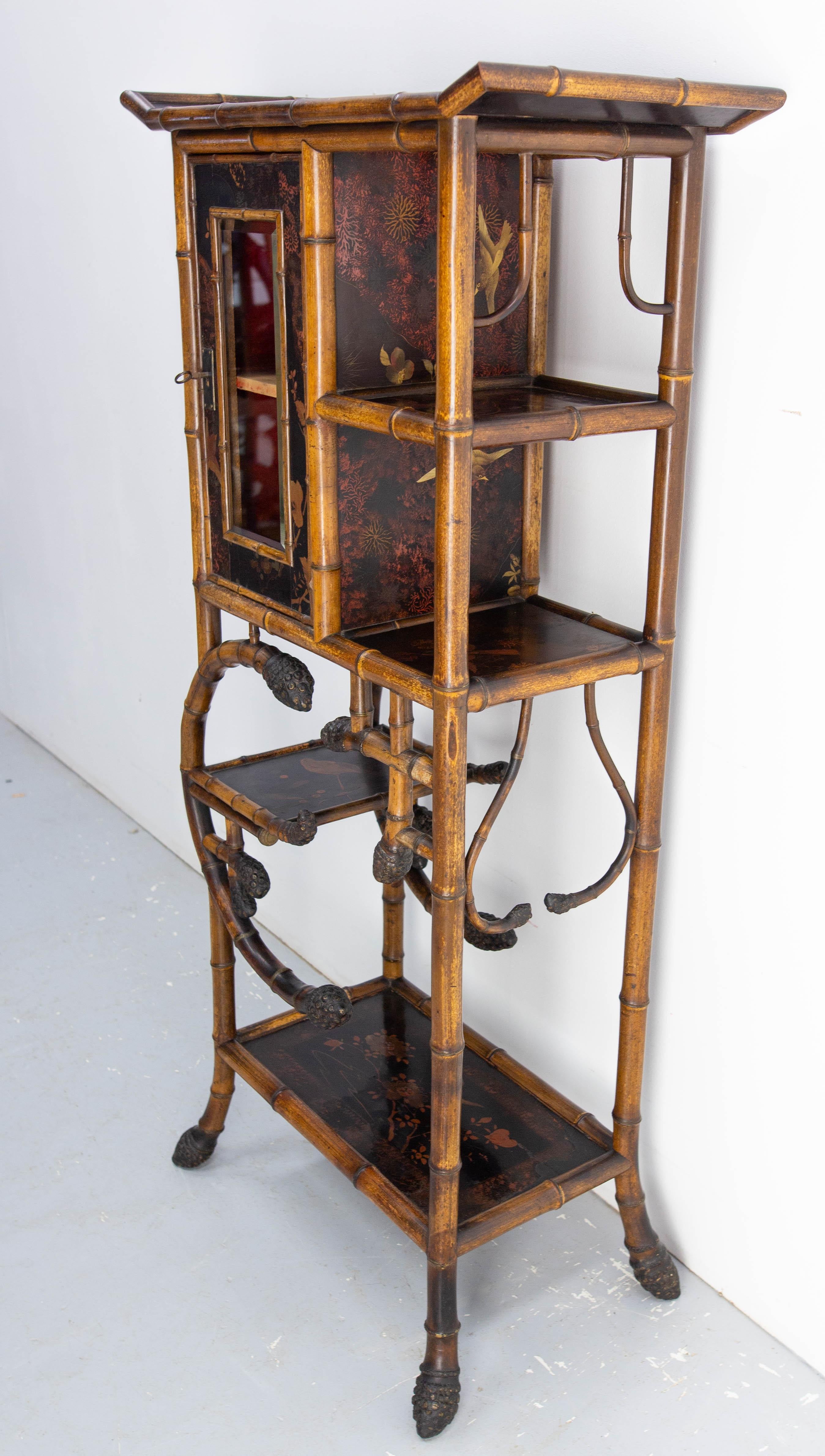 Chinese Chinoiserie Lacquered Cabinet & Side Table Faux Bamboo Turned Wood late 19th C For Sale