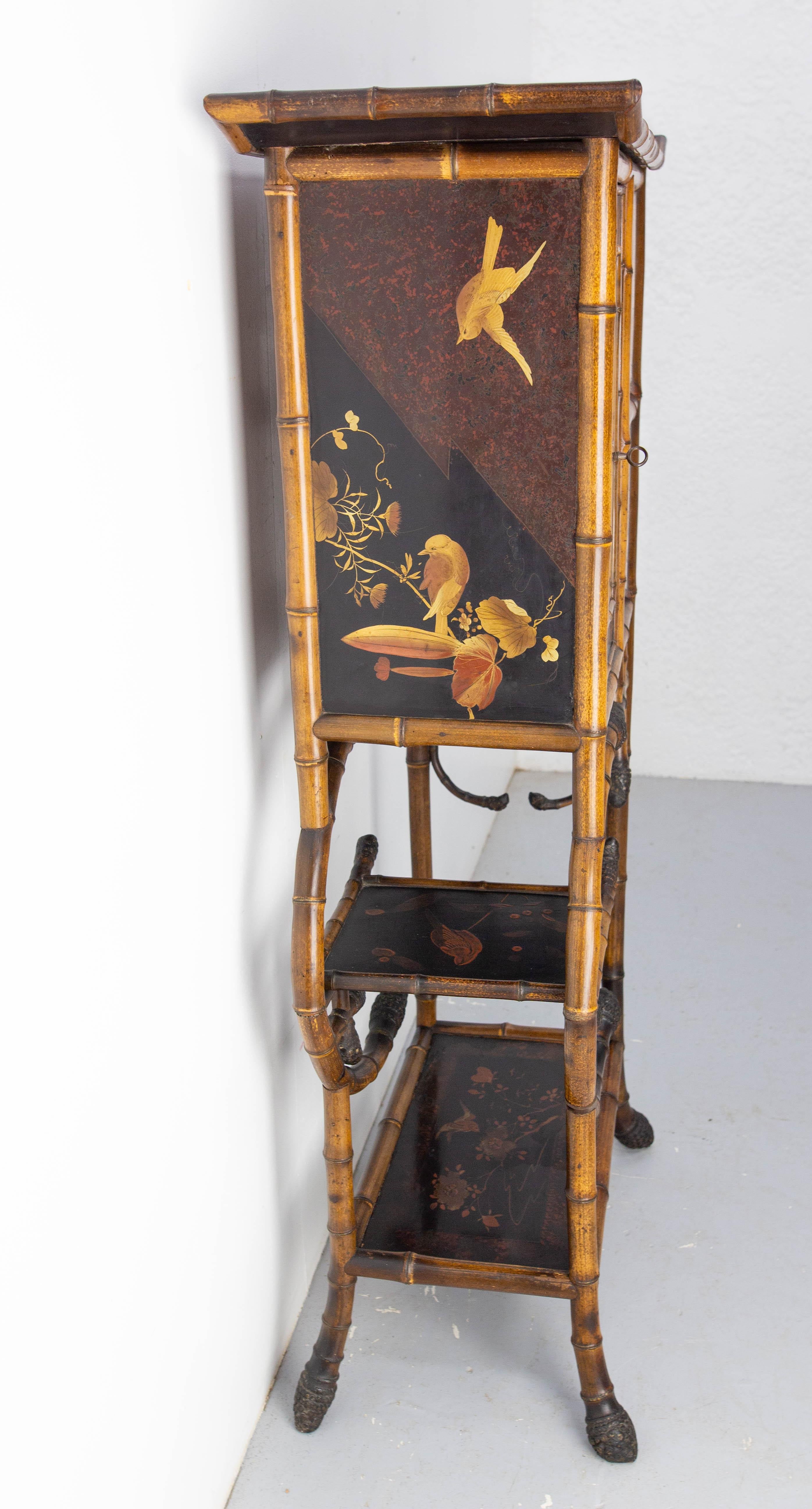 Carved Chinoiserie Lacquered Cabinet & Side Table Faux Bamboo Turned Wood late 19th C For Sale