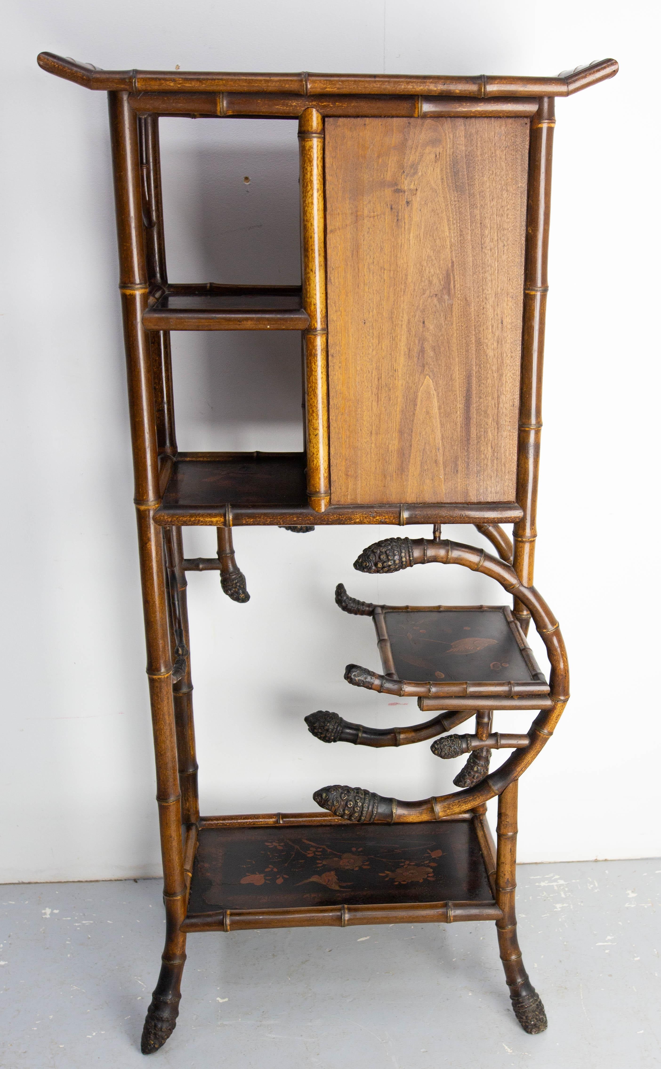 Chinoiserie Lacquered Cabinet & Side Table Faux Bamboo Turned Wood late 19th C In Good Condition For Sale In Labrit, Landes