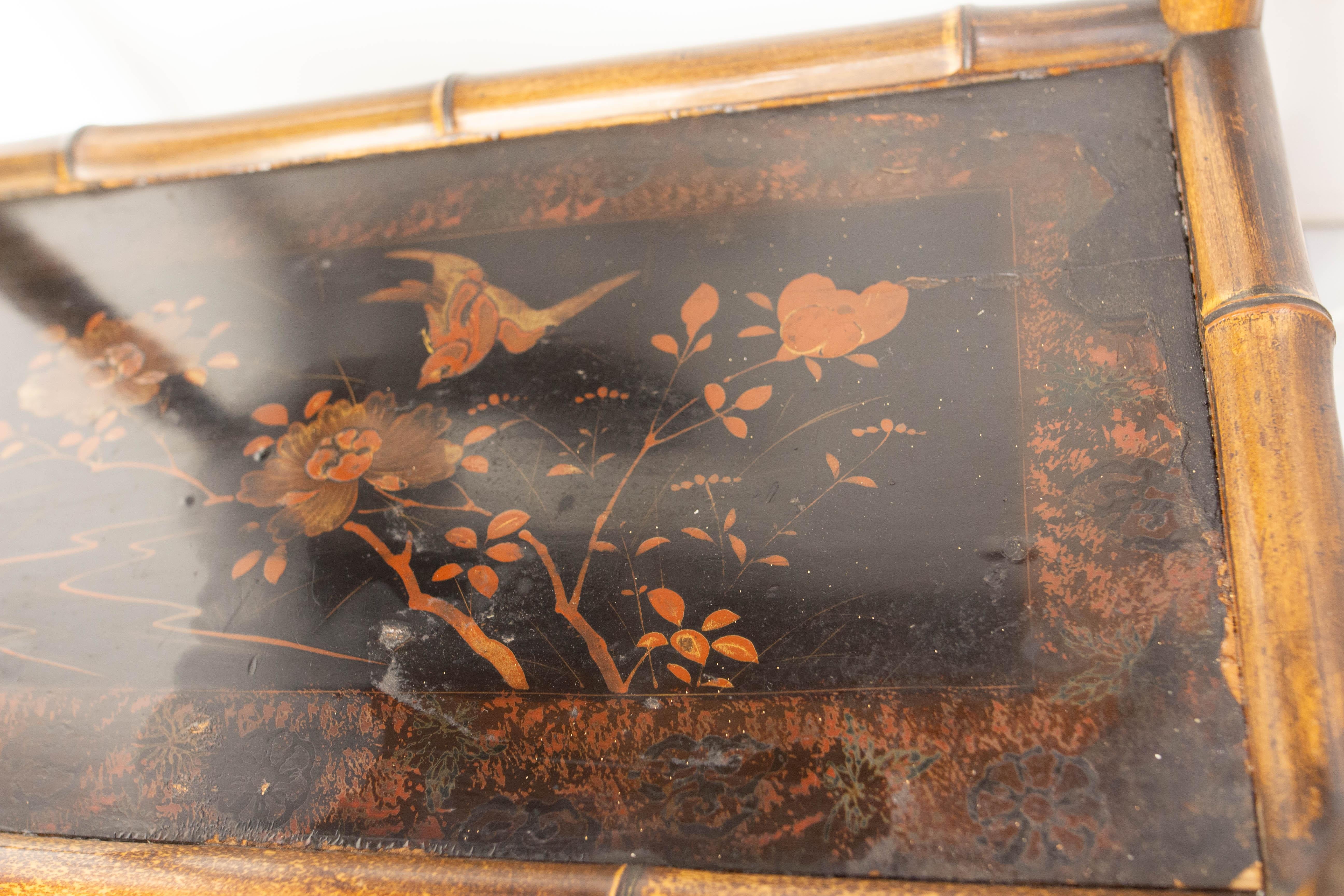 Chinoiserie Lacquered Cabinet & Side Table Faux Bamboo Turned Wood late 19th C For Sale 7