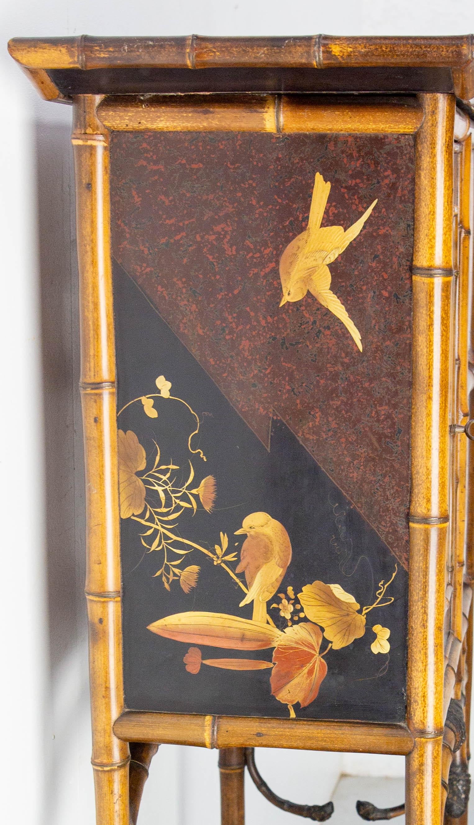 Chinoiserie Lacquered Cabinet & Side Table Faux Bamboo Turned Wood late 19th C For Sale 5