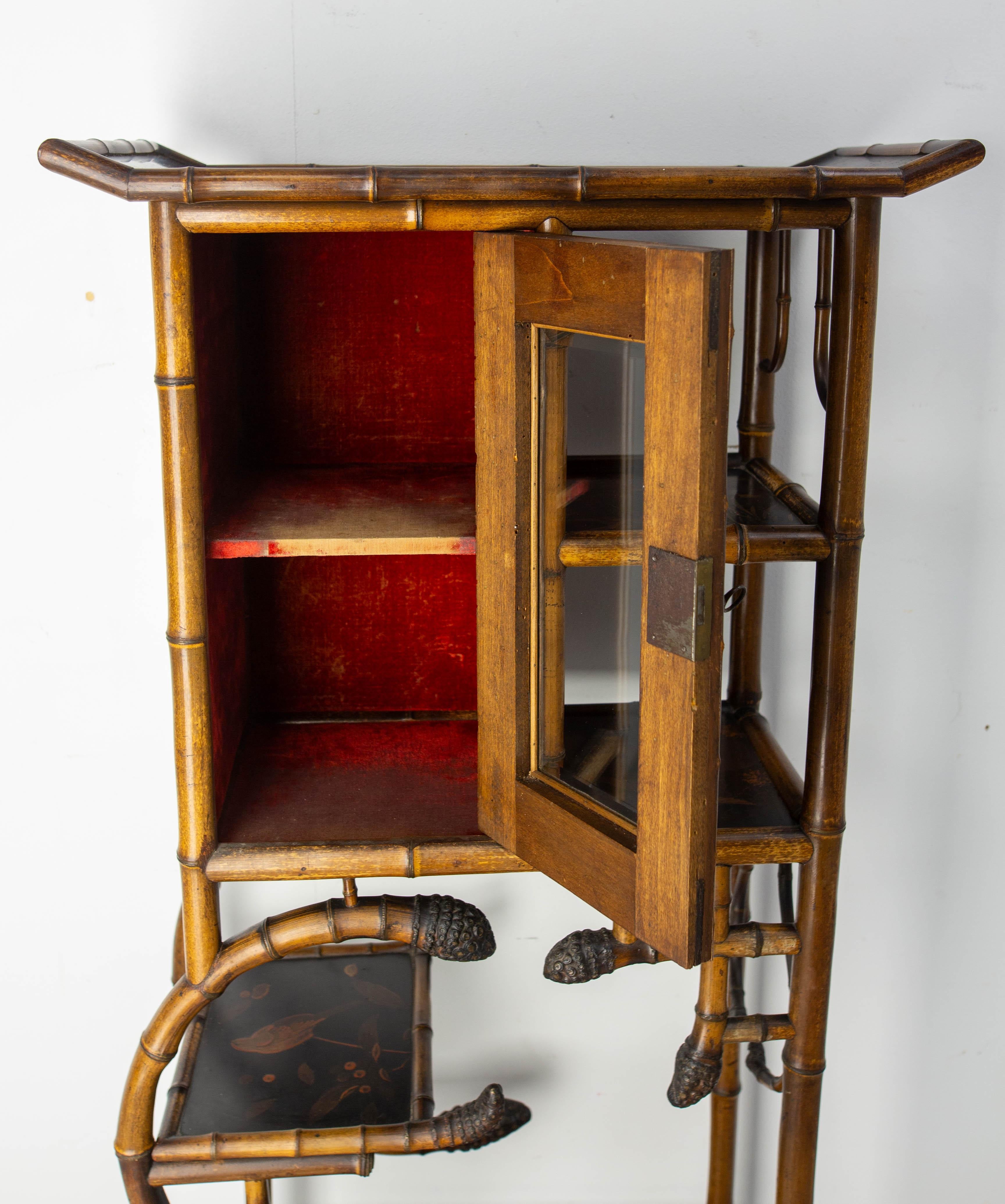 Late 19th Century Chinoiserie Lacquered Cabinet & Side Table Faux Bamboo Turned Wood late 19th C For Sale