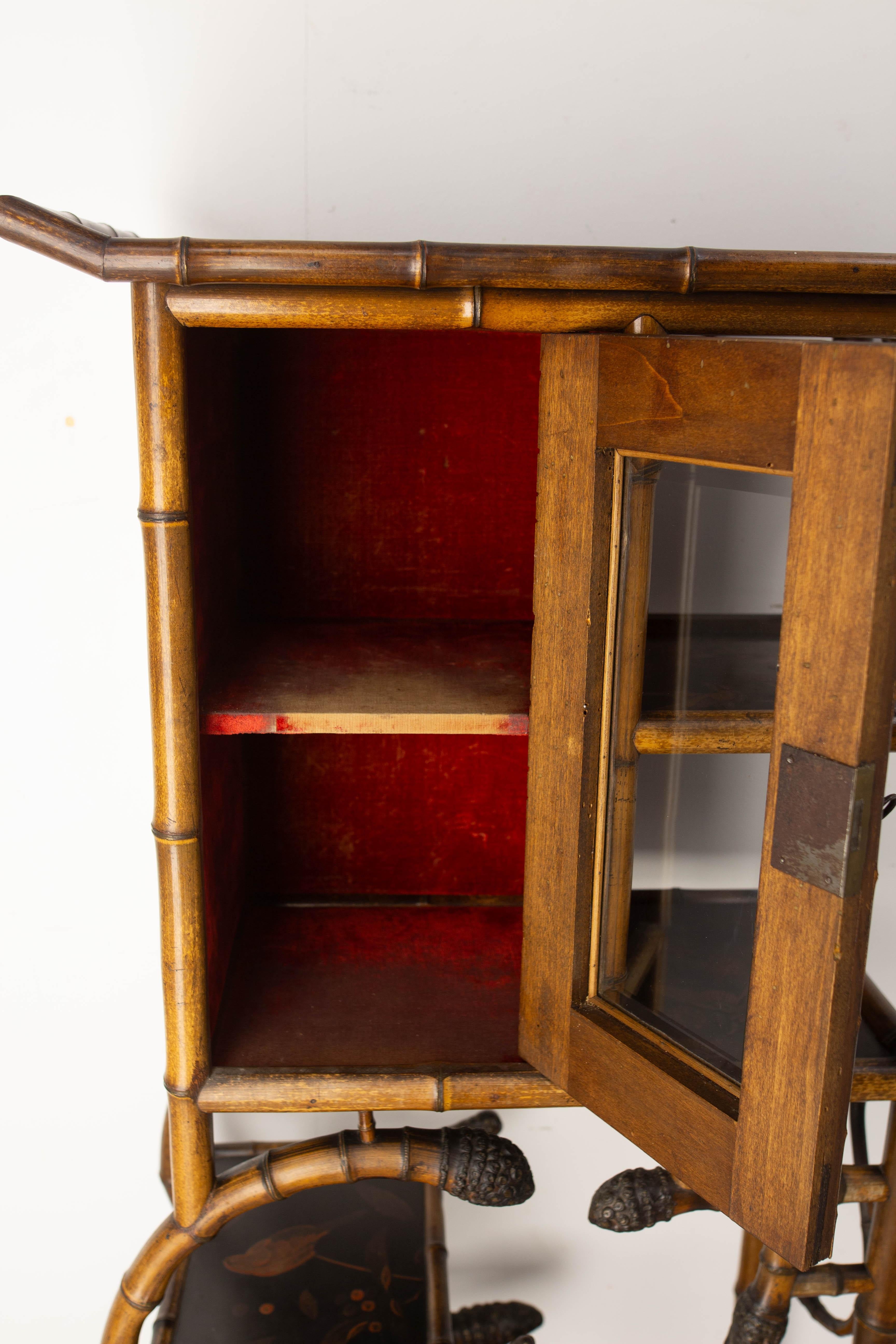 Glass Chinoiserie Lacquered Cabinet & Side Table Faux Bamboo Turned Wood late 19th C For Sale