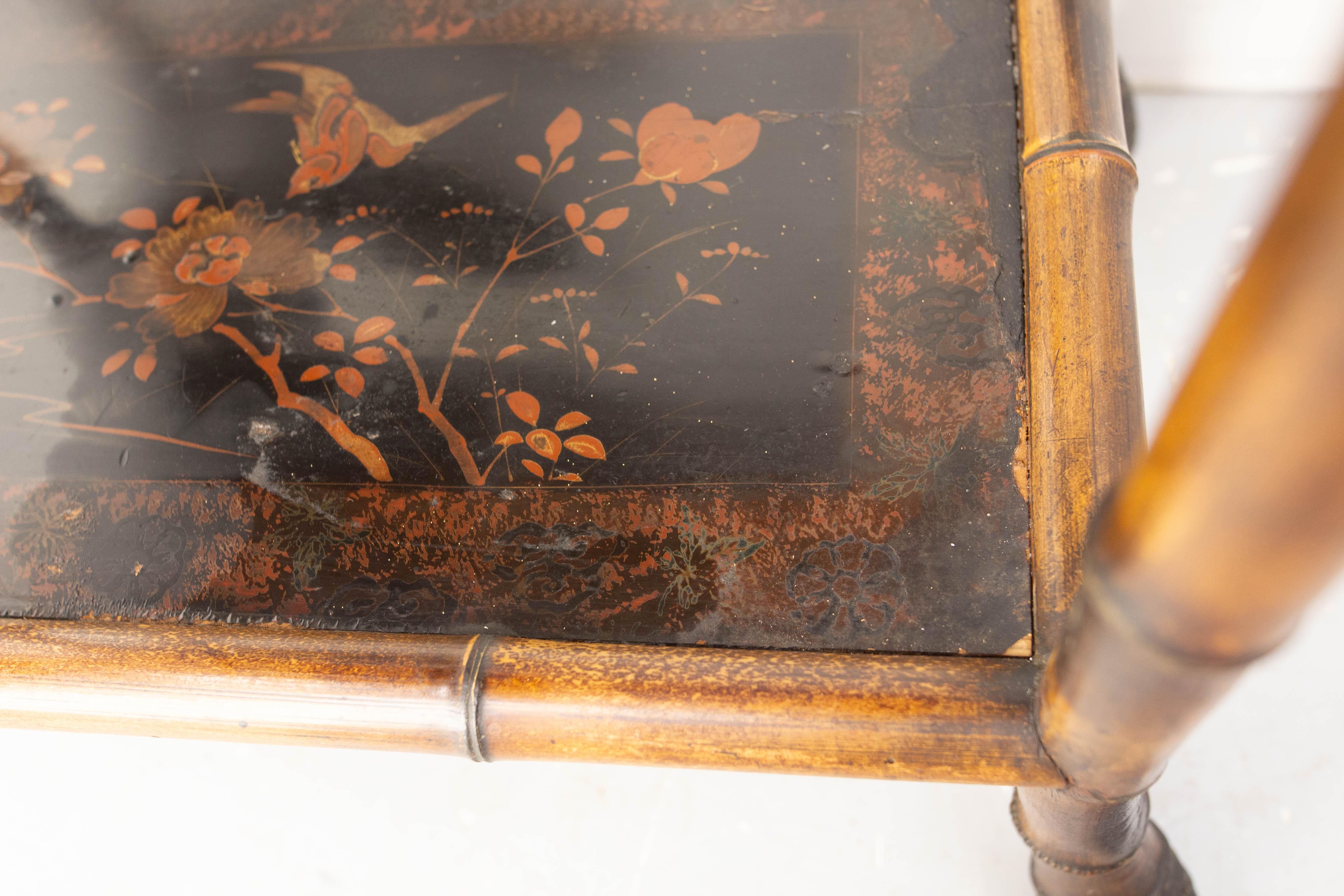 Chinoiserie Lacquered Cabinet & Side Table Faux Bamboo Turned Wood late 19th C For Sale 9