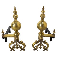 Antique Pair of Brass and Wrought Iron Andirons, France, 18th Century