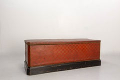 Antique Red & Golden Rustic Coffer Storage Bench, Brass Studs Pine Chest French