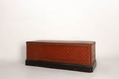 Antique Red & Golden Rustic Coffer Storage Bench, Brass Studs Pine Chest French