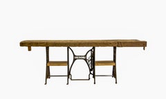 Large Antique Plane Tree Workbench made from Singer Sewing Machine Bases
