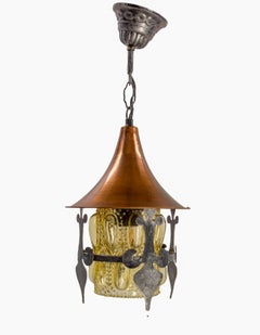 French Chandelier Ceiling Pendant Lustre Wrought Iron Copper & Glass circa 1900