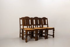 Six Spanish Oak Dining Chairs Rush Seats, circa 1950