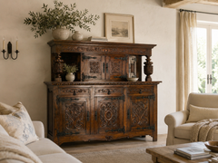Spanish Huge Oak & Wrought Iron Buffet Carved Sideboard circa 1960