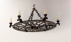 Large Circular Ceiling Pendant Wrought Iron Chandelier, France, circa 1940