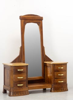 French Art Deco Dressing Table Vanity Walnut Marble & Mirror, circa 1920