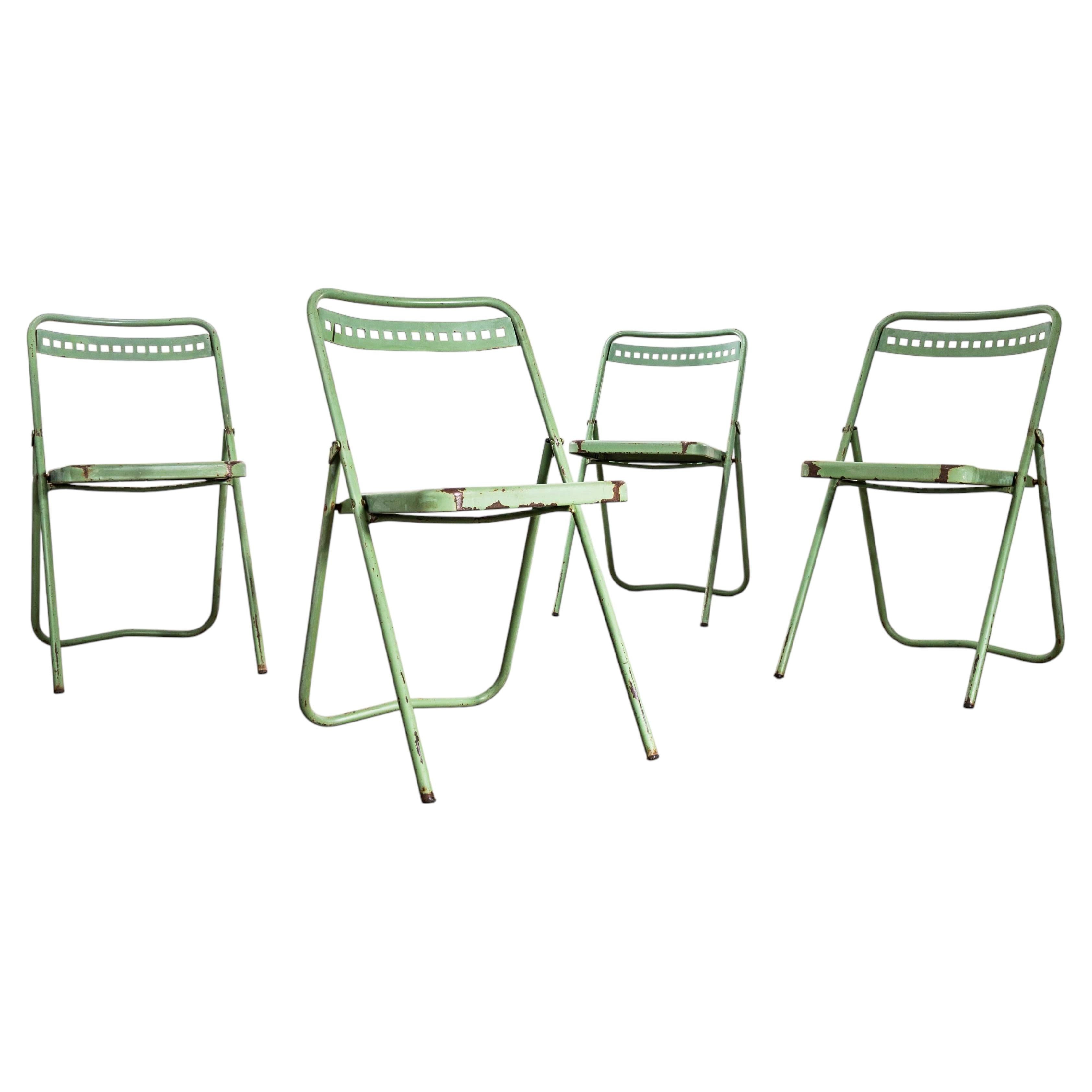 1970's French Brutalist Green Folding Metal Garden Chairs-se of 4 For Sale