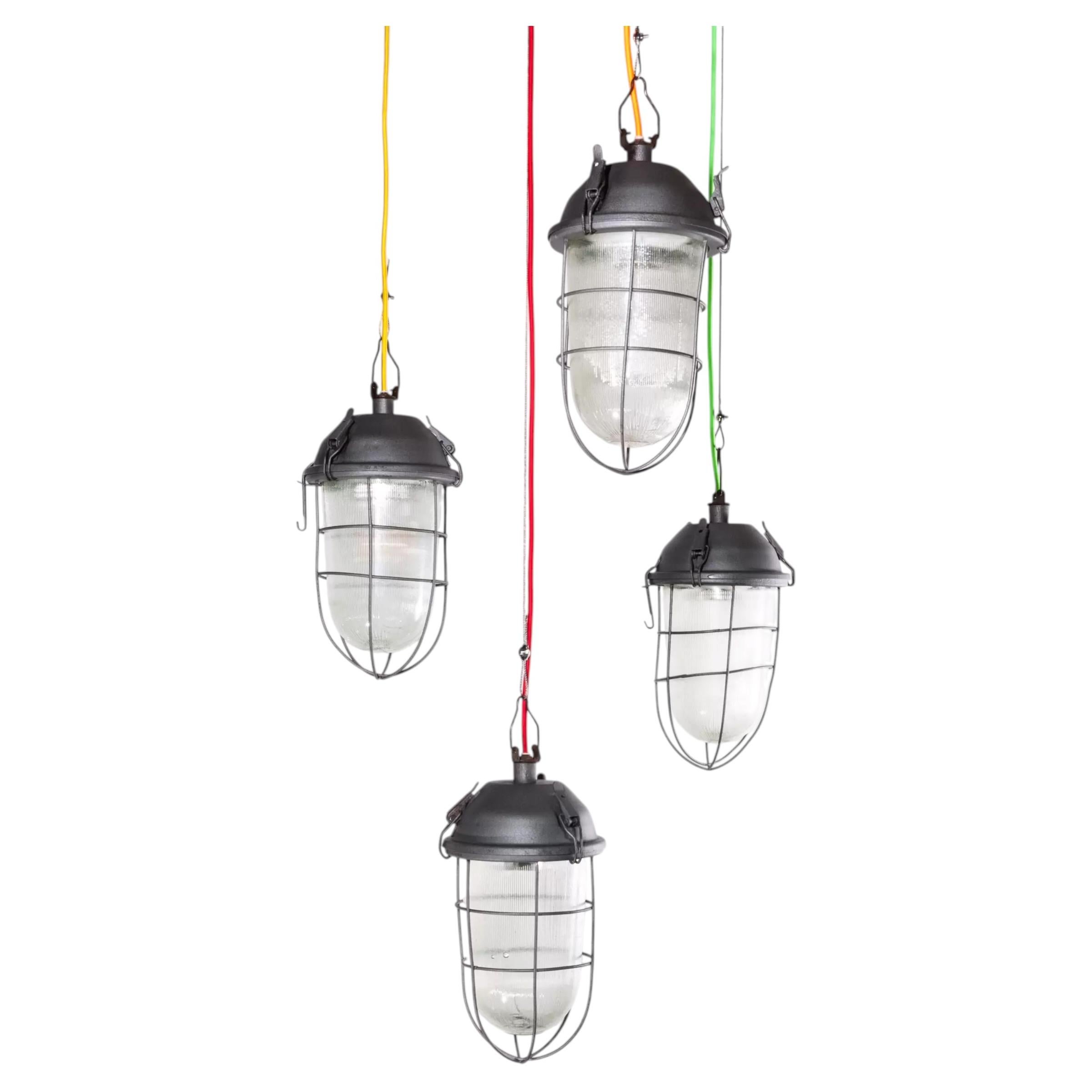 1960s Industrial Caged Hanging Ceiling Pendant Lamps/Lights with Original Glass For Sale