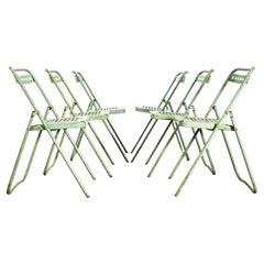 1970's French Brutalist Green Folding Metal Garden Chairs-set of 6