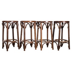 1970’s Dark Oak Low Bentwood Bar Stools - Set Of Four