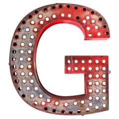 1950’s Original Large French Metal Shop Signage Letters – Perforated Red G