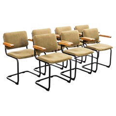 1970's Cantilever Peninsular Blue Frame Dining Chairs With Sage Green Upholstery
