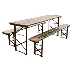 1950's Green Ex Army Large French Folding Bench & Table Set