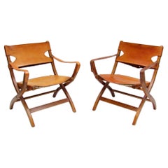 Two 1950s Danish Safari Chairs In Oak & Hide Leather by Poul Hundevad