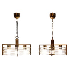 Pair of 1970s Italian UFO Chandeliers by Gaetano Sciolari in Gold & Murano Glass