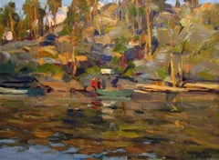 1960s Russian Impressionist Oil Painting By Aleksander Gusarevich "Fishing Day"