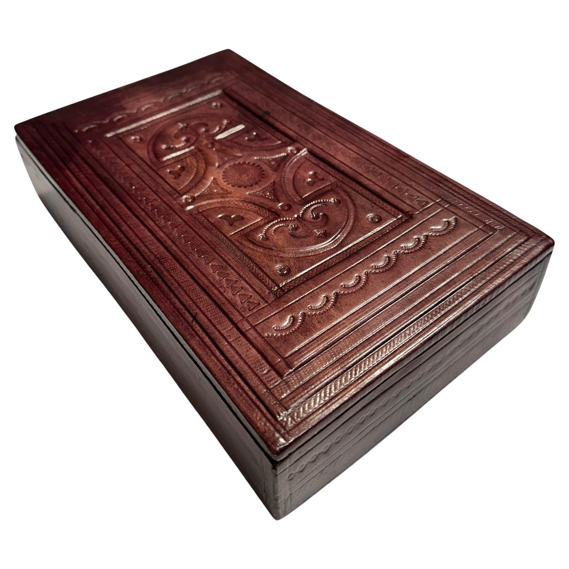 Tuareg Box, Intricately Carved, Leather Covered Box in Hand Dyed Brown