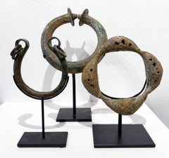 Trio of Bronze Currency Bracelets, Unique Detailing, Rich Patina, On Stands