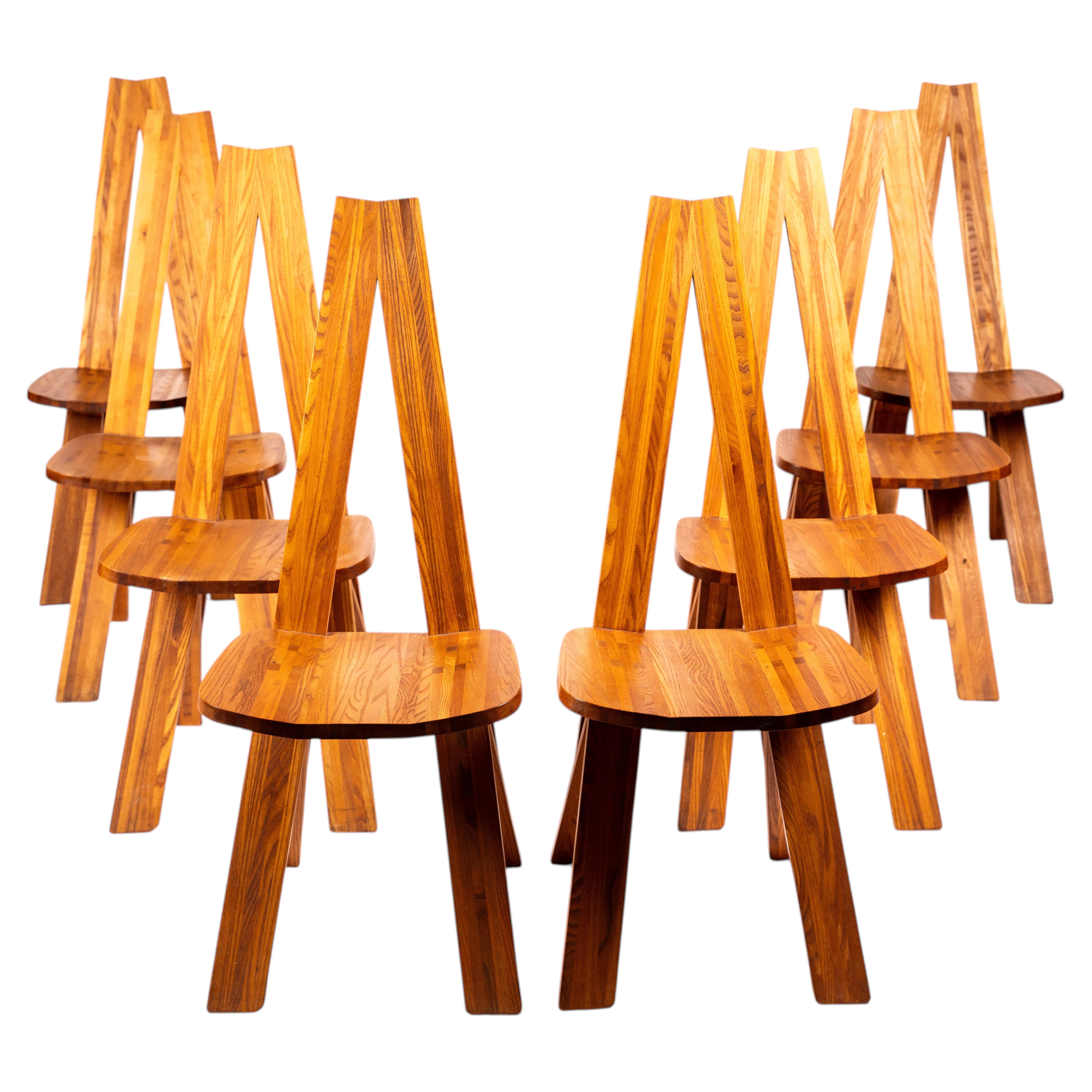 Pierre Chapo Set of 8 Dining Chairs Model S45 “Chlacc", Solid French Elm, 1980s