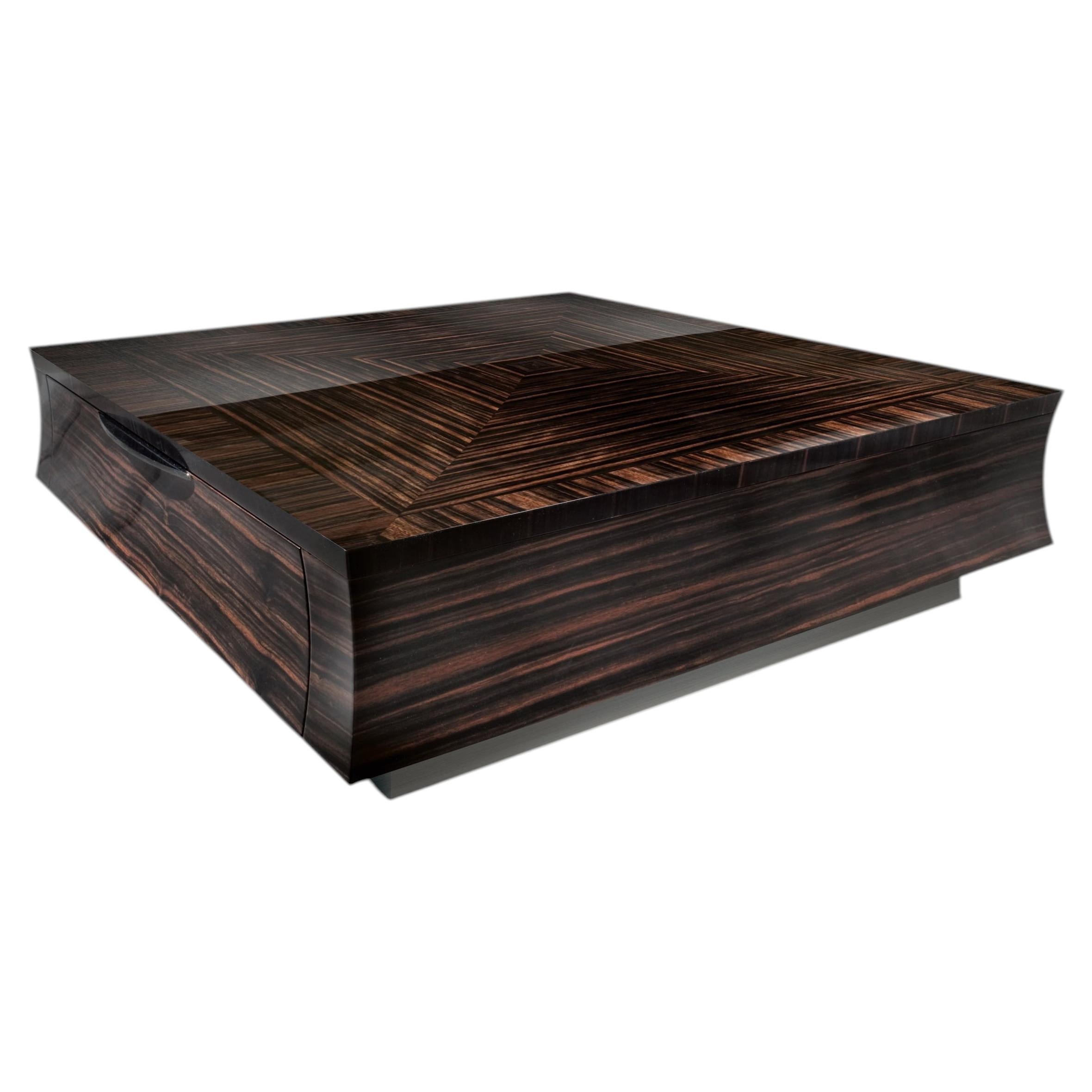 Table basse de salon « Daydream » de style italien, carrée, en bois, couleur ébène de Makassar foncé en vente