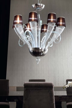 Absolute Italian Art Deco Chandelier in Murano Blown Glass and Silk