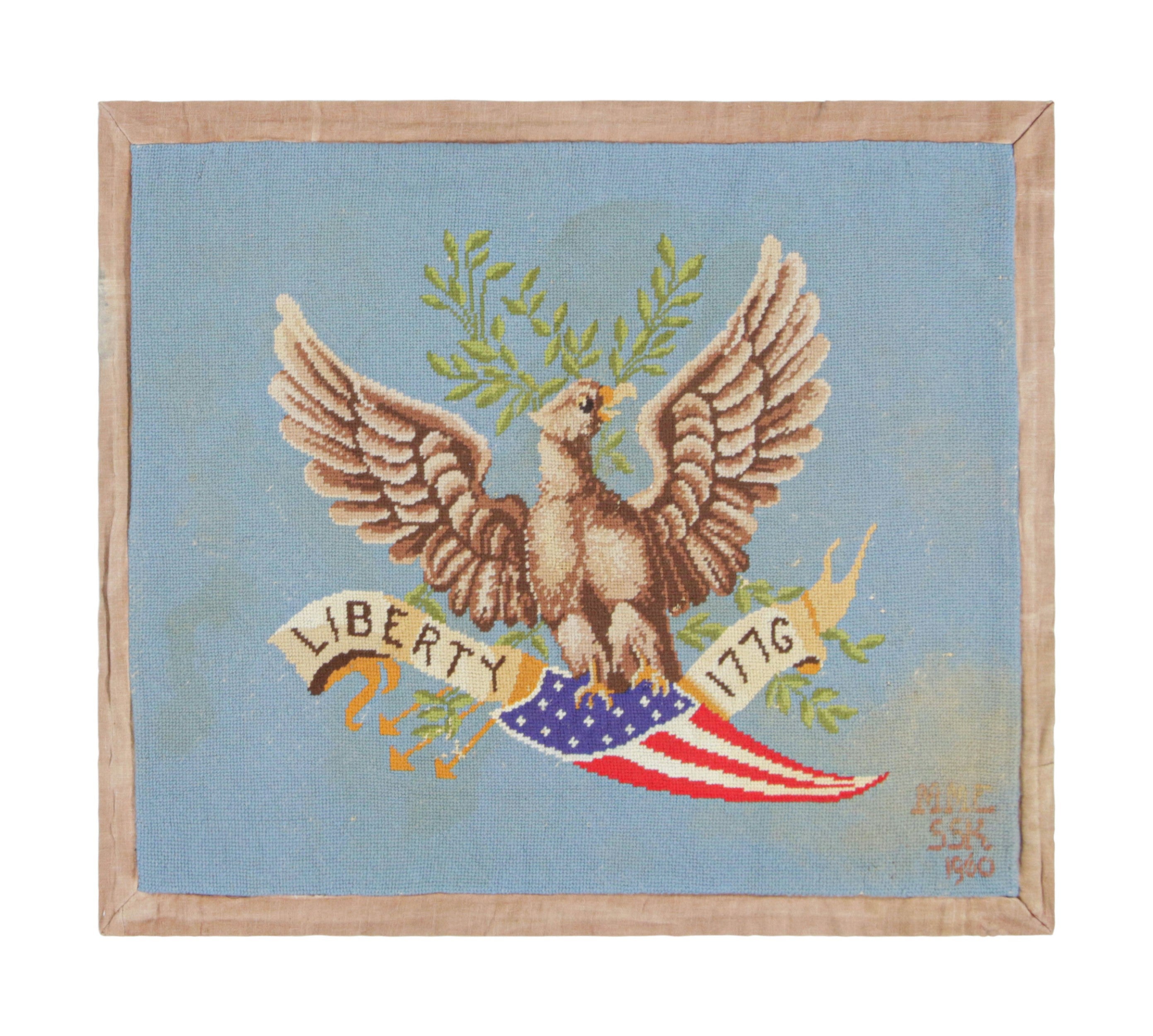 Signed Vintage American Needlepoint and Blue Pictorial Rug, from Rug & Kilim