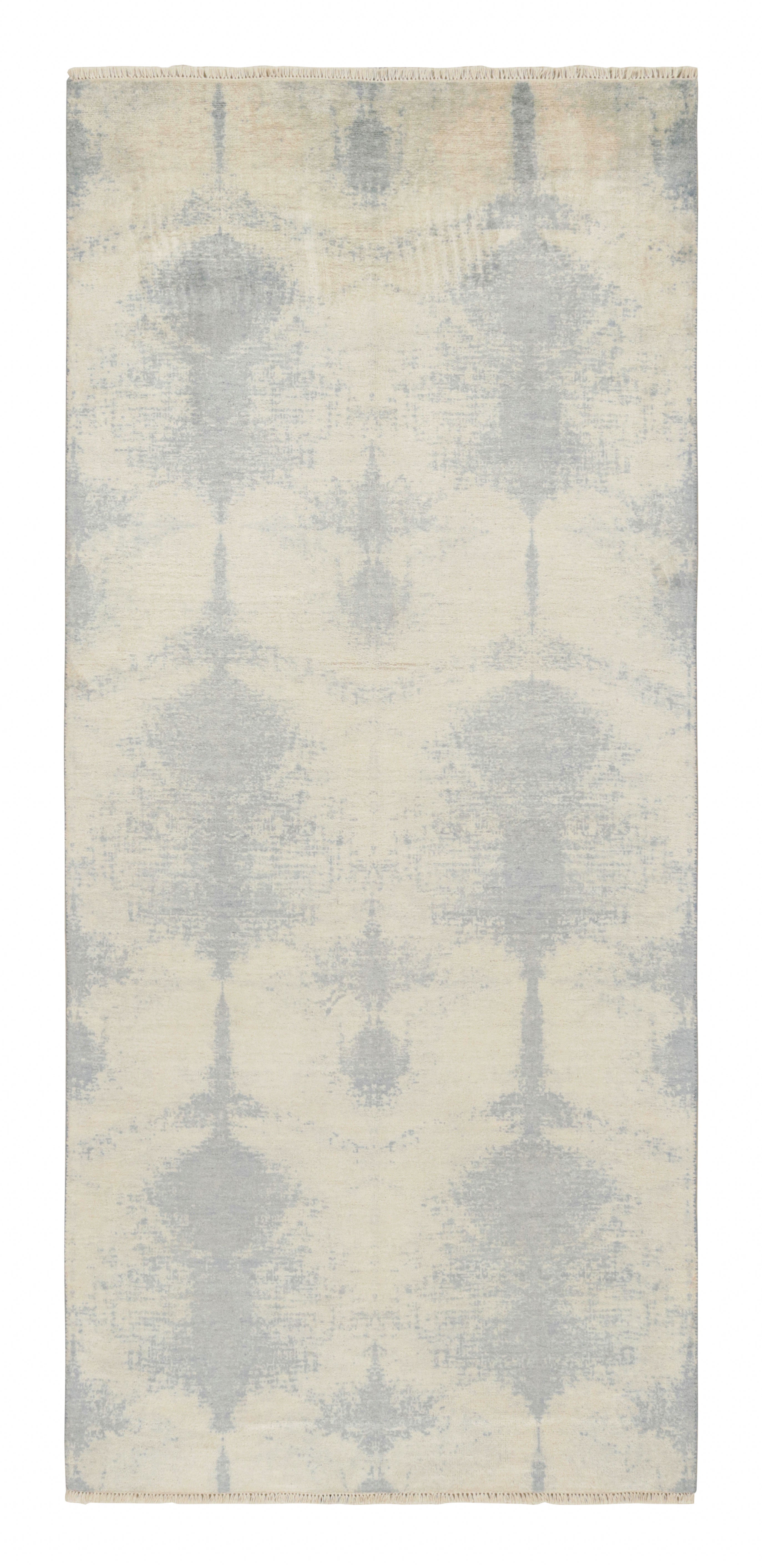 Tapis et couloir contemporain géométrique Kilim's en laine et soie bleu ivoire