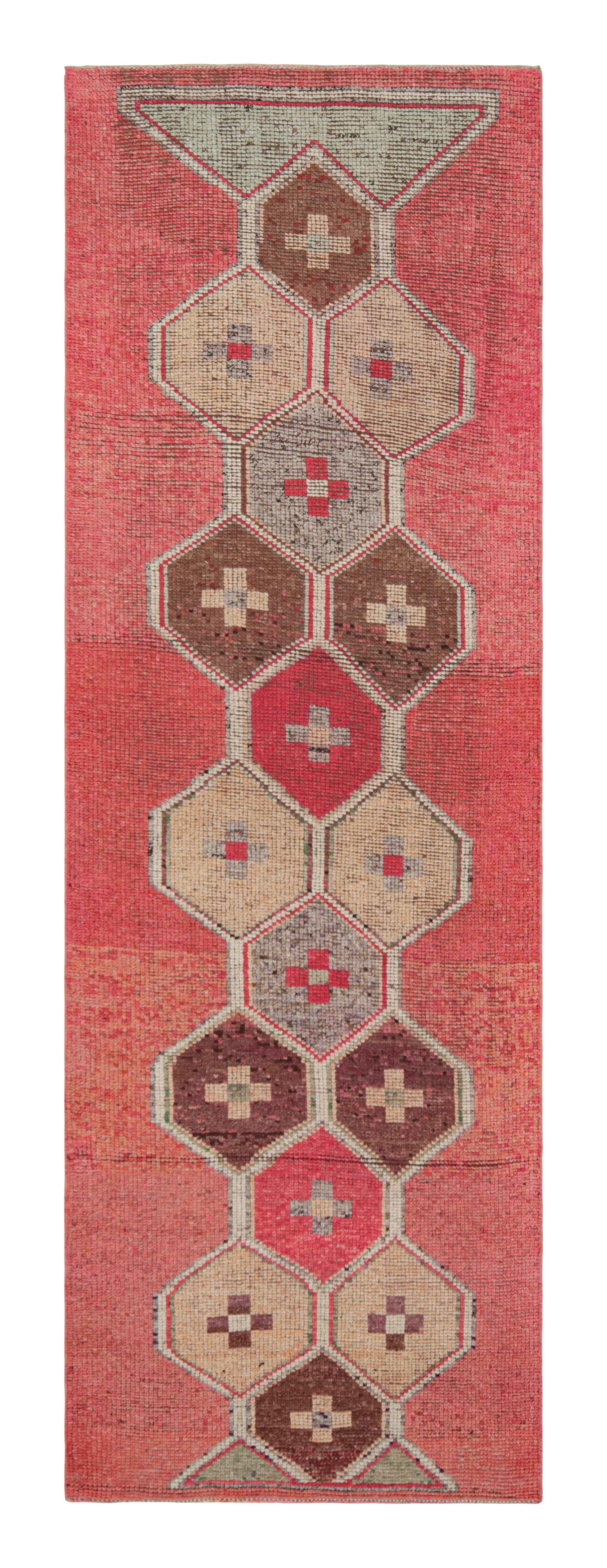 Vintage 1950s Red Runner Beige-Brown Blue Embroidery Pattern by Rug & Kilim