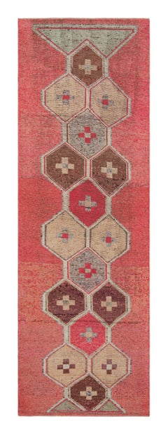 Vintage 1950s Red Runner Beige-Brown Blue Embroidery Pattern by Rug & Kilim